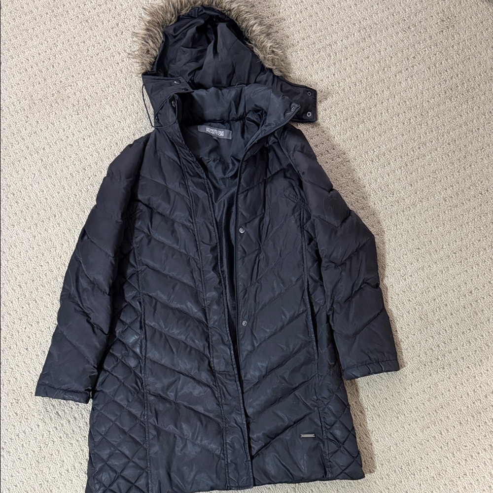 Kenneth Cole Reaction Black Puffer Coat with Faux Fur Hood